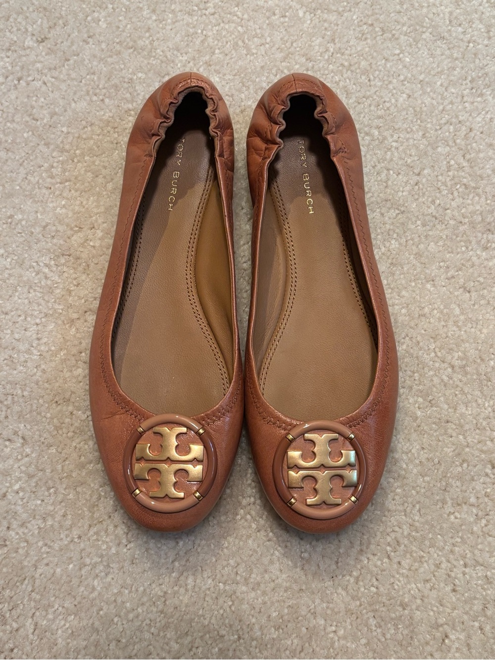 Tory Burch Brown Leather Logo Ballet Flats